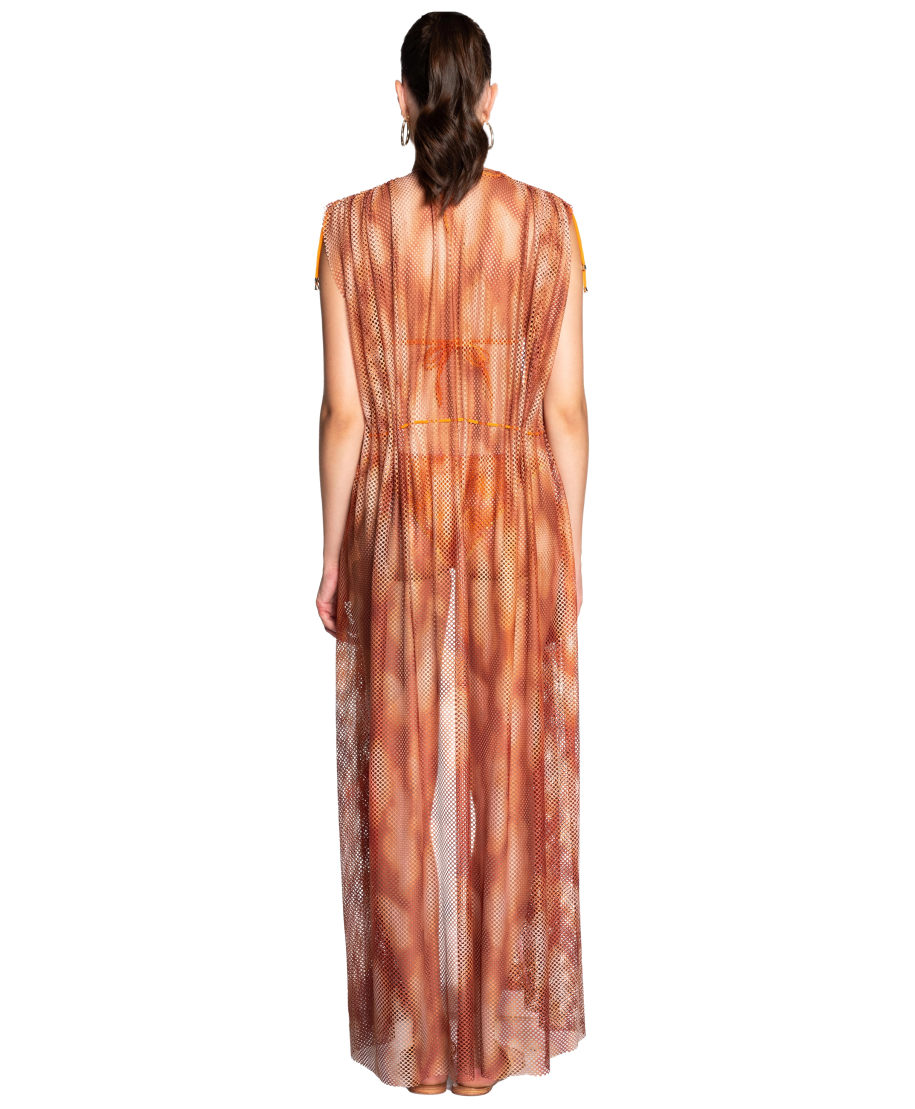 OPEN NET DRESS WITH DRAWSTRING NET SHADED FAN STITCH