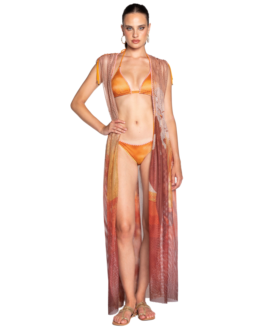 OPEN NET DRESS WITH DRAWSTRING NET SHADED FAN STITCH