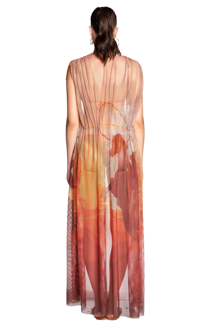 OPEN NET DRESS WITH DRAWSTRING NET SHADED FAN STITCH