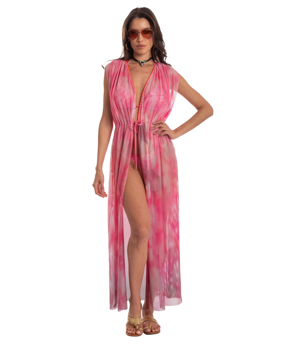 OPEN NET DRESS WITH DRAWSTRING NET SHADED FAN STITCH