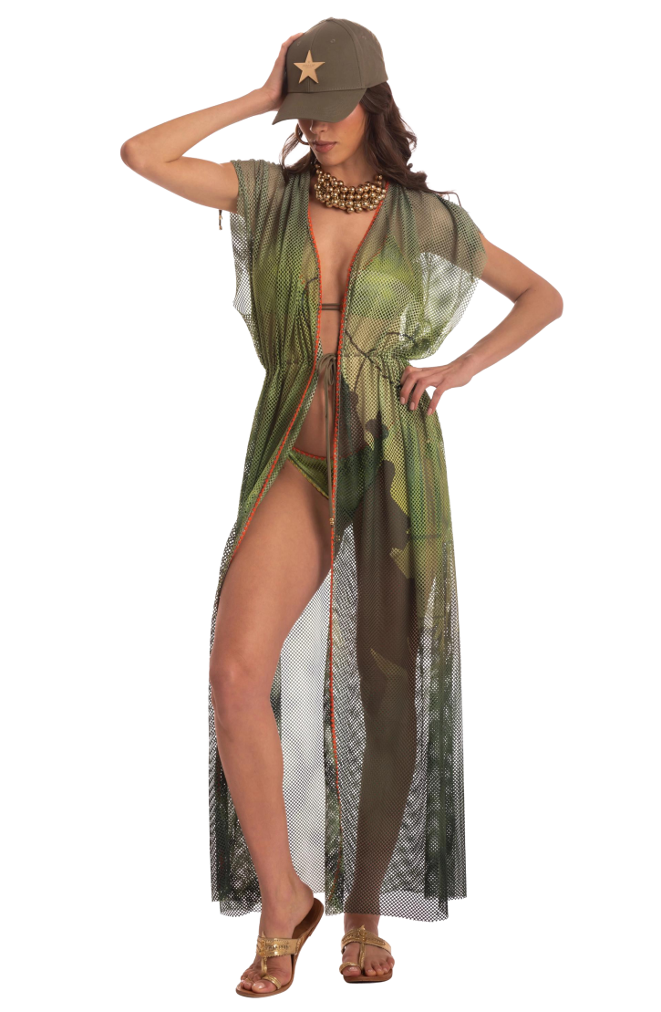 OPEN NET DRESS WITH DRAWSTRING NET SHADED FAN STITCH