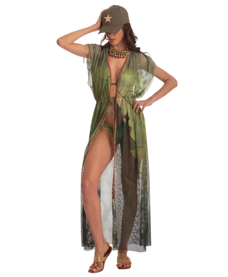 OPEN NET DRESS WITH DRAWSTRING NET SHADED FAN STITCH