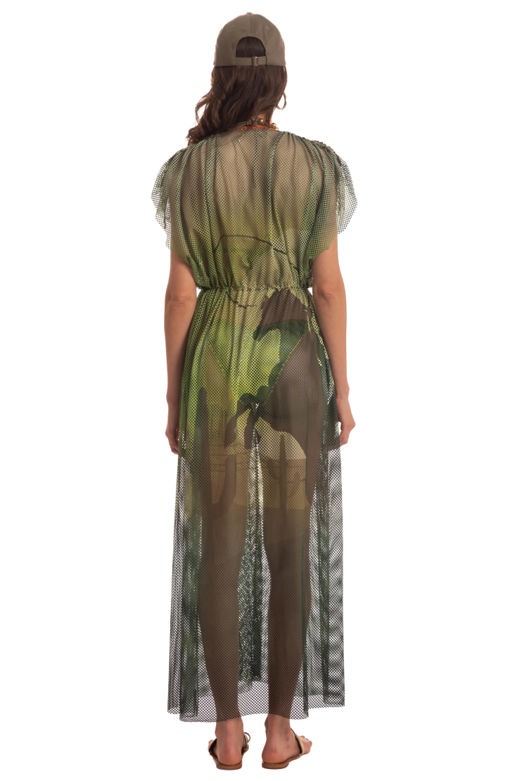 OPEN NET DRESS WITH DRAWSTRING NET SHADED FAN STITCH