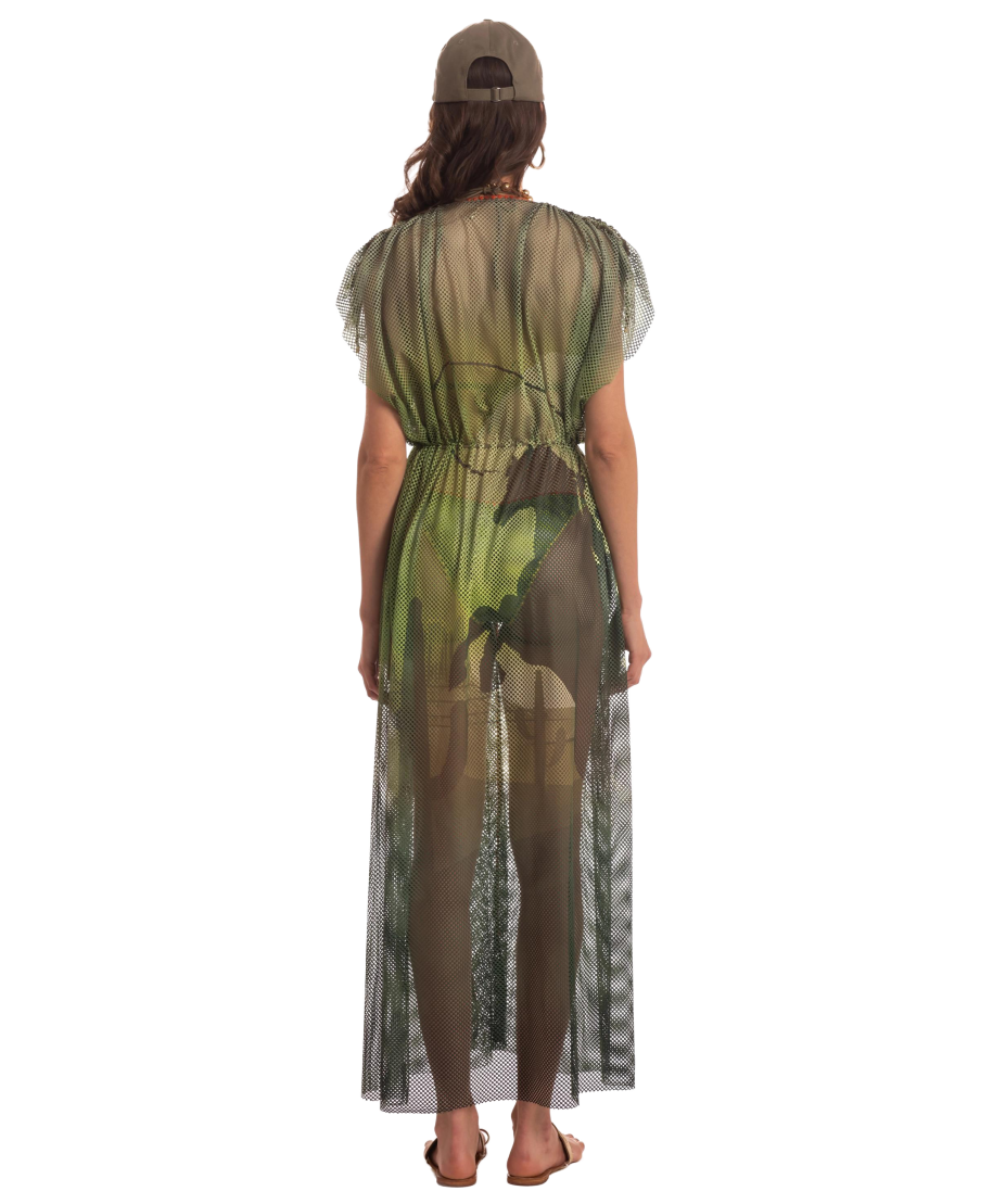 OPEN NET DRESS WITH DRAWSTRING NET SHADED FAN STITCH