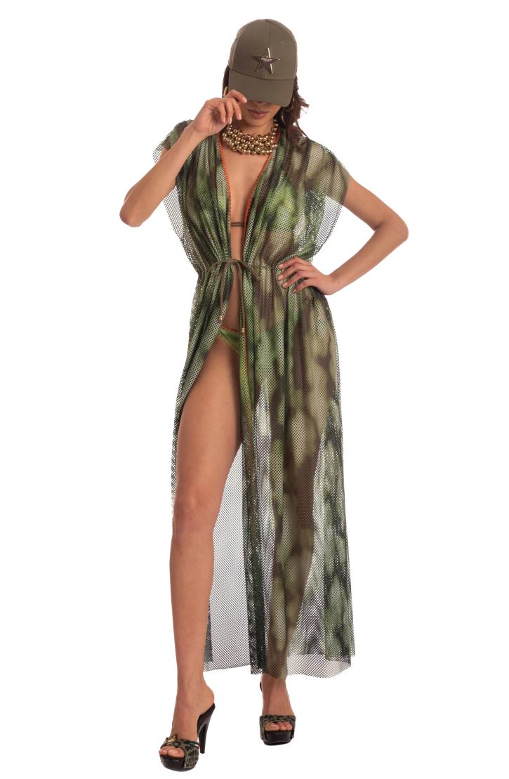 OPEN NET DRESS WITH DRAWSTRING NET SHADED FAN STITCH