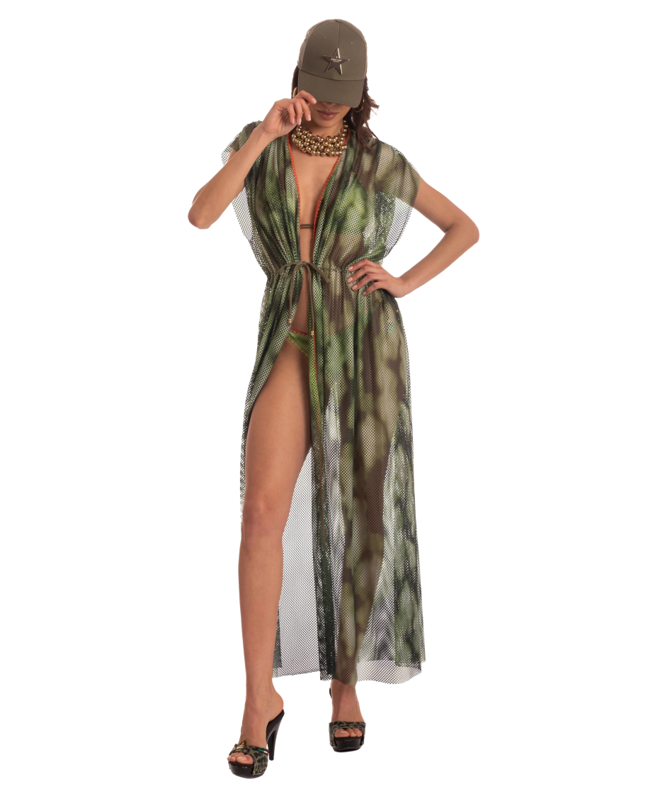 OPEN NET DRESS WITH DRAWSTRING NET SHADED FAN STITCH