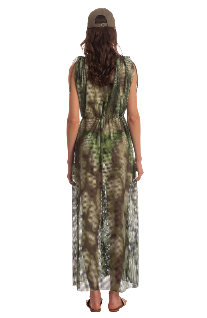 OPEN NET DRESS WITH DRAWSTRING NET SHADED FAN STITCH