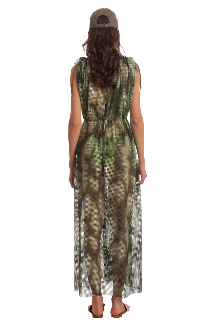 OPEN NET DRESS WITH DRAWSTRING NET SHADED FAN STITCH