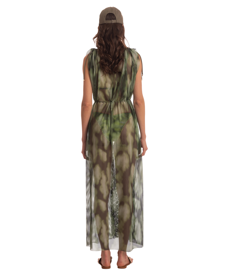 OPEN NET DRESS WITH DRAWSTRING NET SHADED FAN STITCH