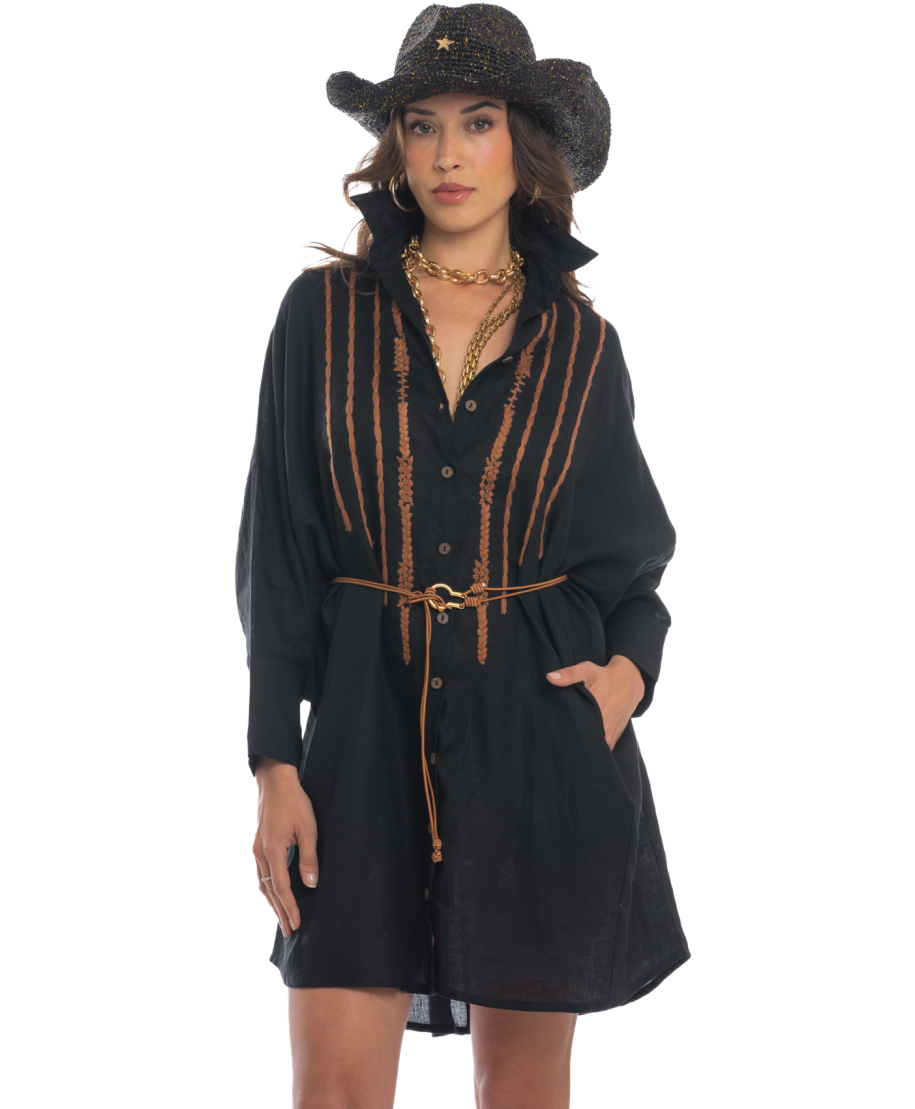 Embroidered Linen Shirt Dress