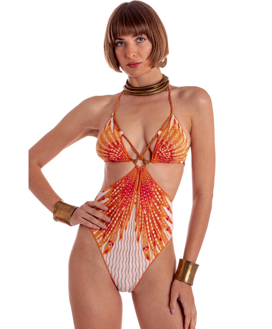 Cut-out Studded One-piece Swimsuit Wings Print
