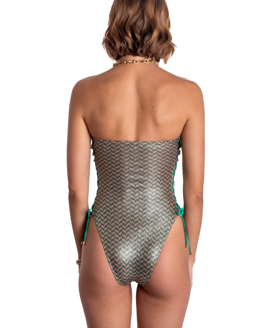 ONE-PIECE LAMÈ BANDEAU SWIMSUIT HERRINGBONE PRINT