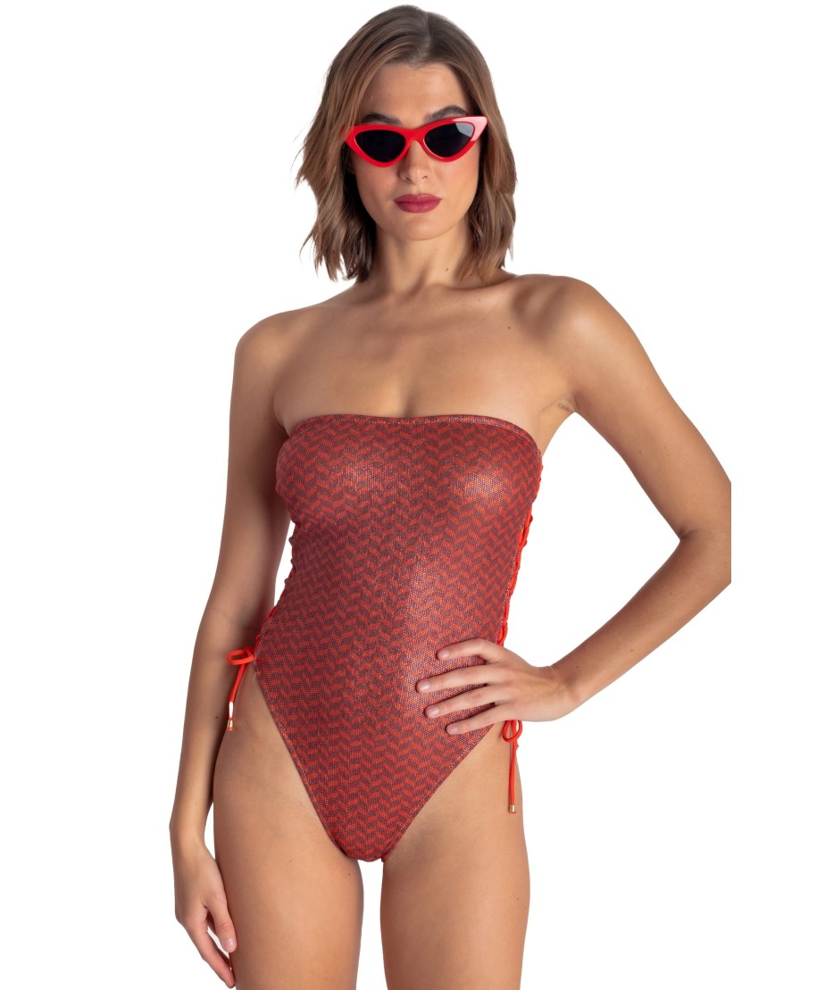 ONE-PIECE LAMÈ BANDEAU SWIMSUIT HERRINGBONE PRINT