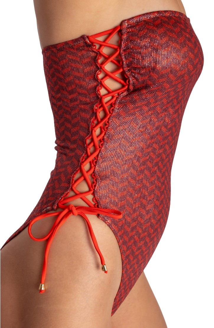 ONE-PIECE LAMÈ BANDEAU SWIMSUIT HERRINGBONE PRINT