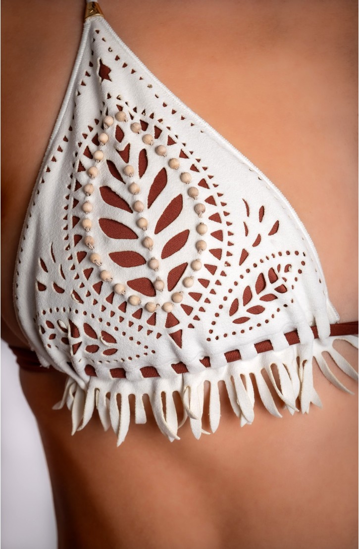Laser-worked Padded Triangle Bikini With Beaded Embroidery