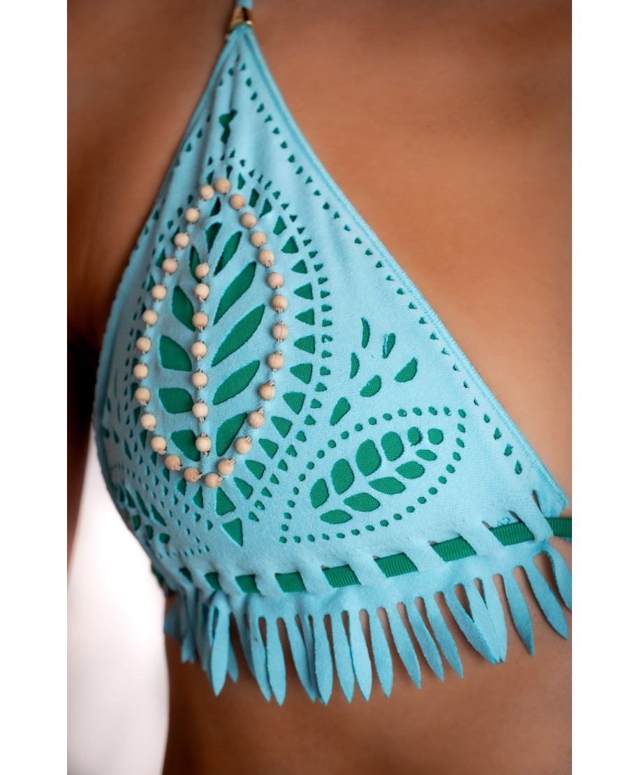 Laser-worked Padded Triangle Bikini With Beaded Embroidery