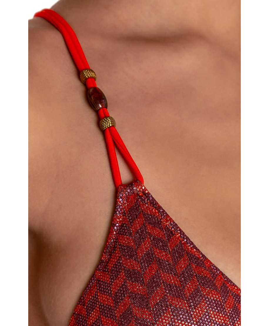 LAMÉ PADDED TRIANGLE BIKINI HERRINGBONE PRINT