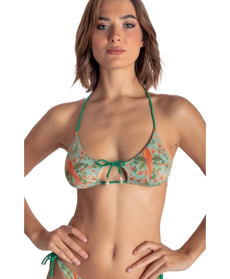 TOP BIKINI TRIANGOLO IMBOTTITO CON CONCHIGLIE STAMPA FLOWER BIRD