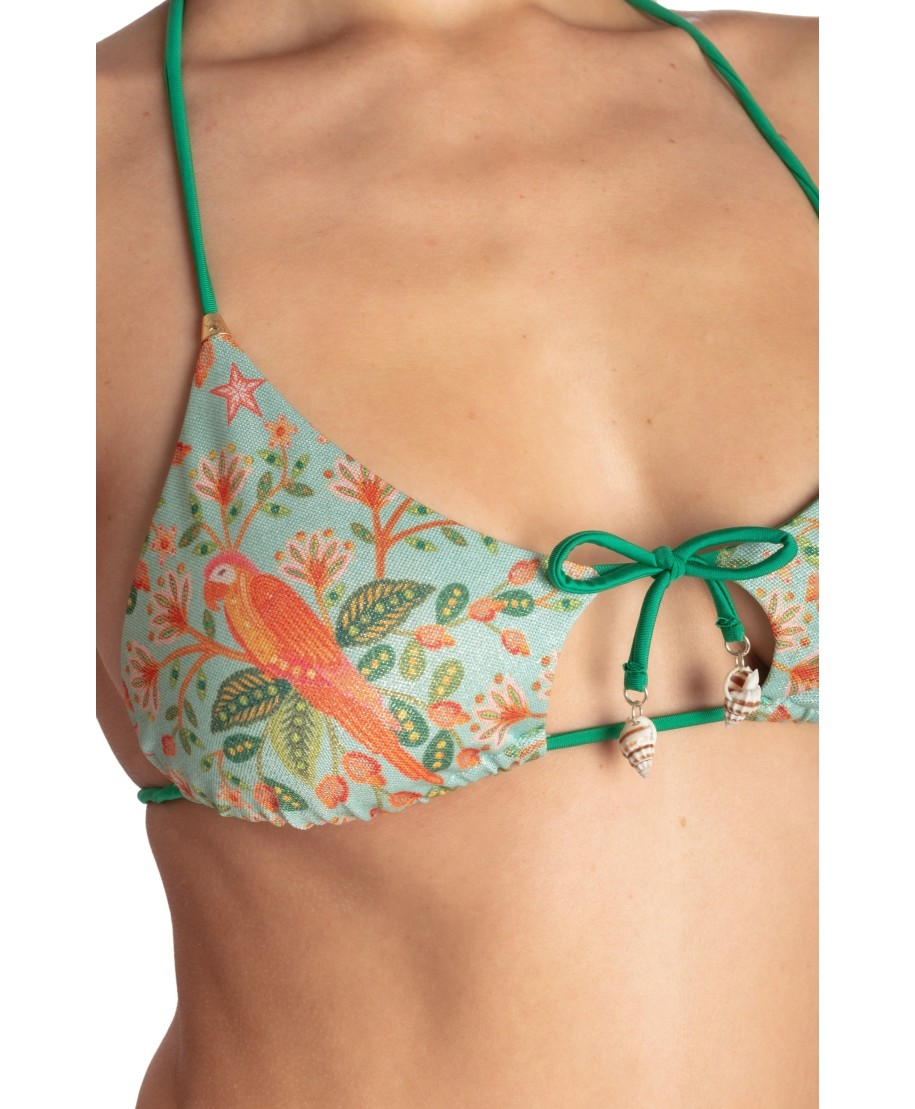 TOP BIKINI TRIANGOLO IMBOTTITO CON CONCHIGLIE STAMPA FLOWER BIRD