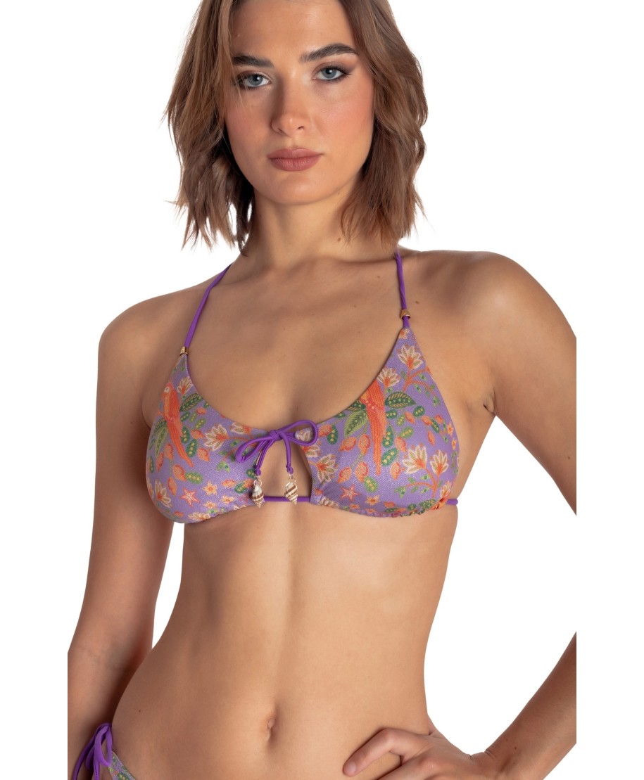 TOP BIKINI TRIANGOLO IMBOTTITO CON CONCHIGLIE STAMPA FLOWER BIRD