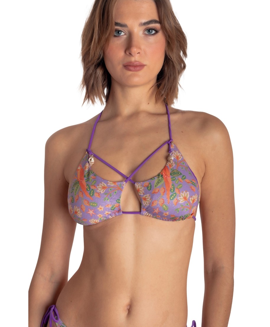 TOP BIKINI TRIANGOLO IMBOTTITO CON CONCHIGLIE STAMPA FLOWER BIRD